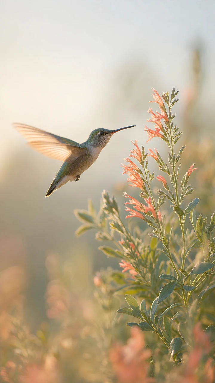 A colibri hummingbird hovering beside softly lit coral flowers